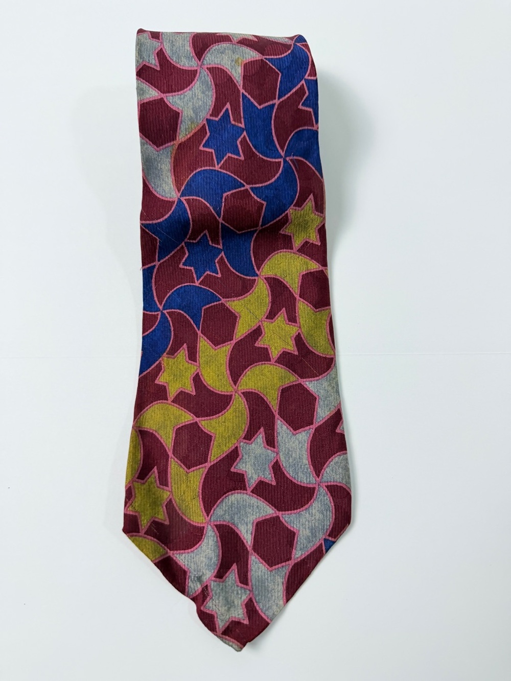 Perry Ellis Handmade Abstract Geometric Silk Neck Tie Burgundy Blue Vintage